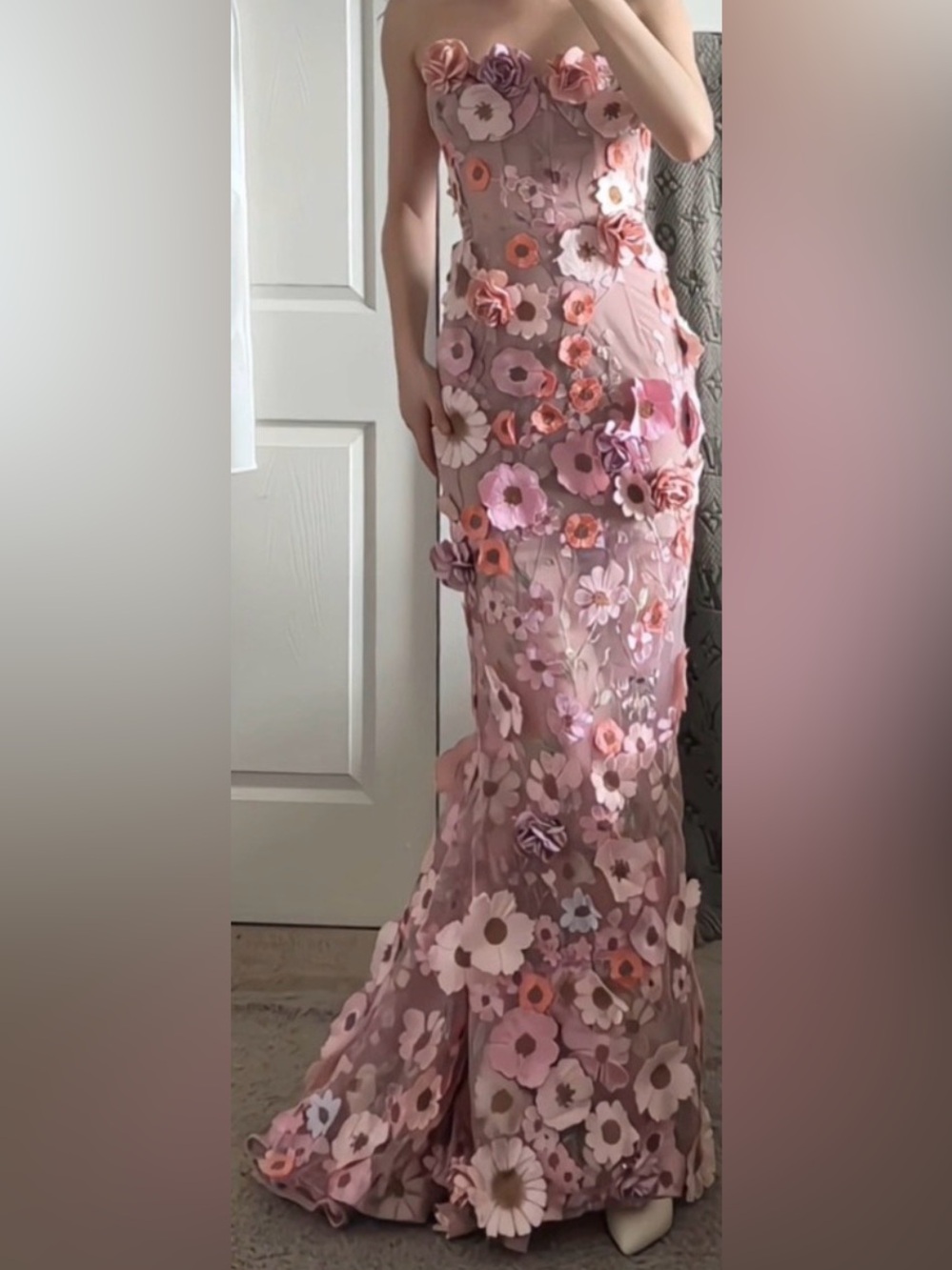 Bronx and Banco Pink Floral Strapless Mesh Gown - Picture 7 of 9